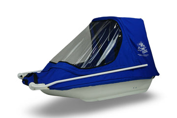 KinderShuttle kids pulk sled system with poles and weather canopy in blue