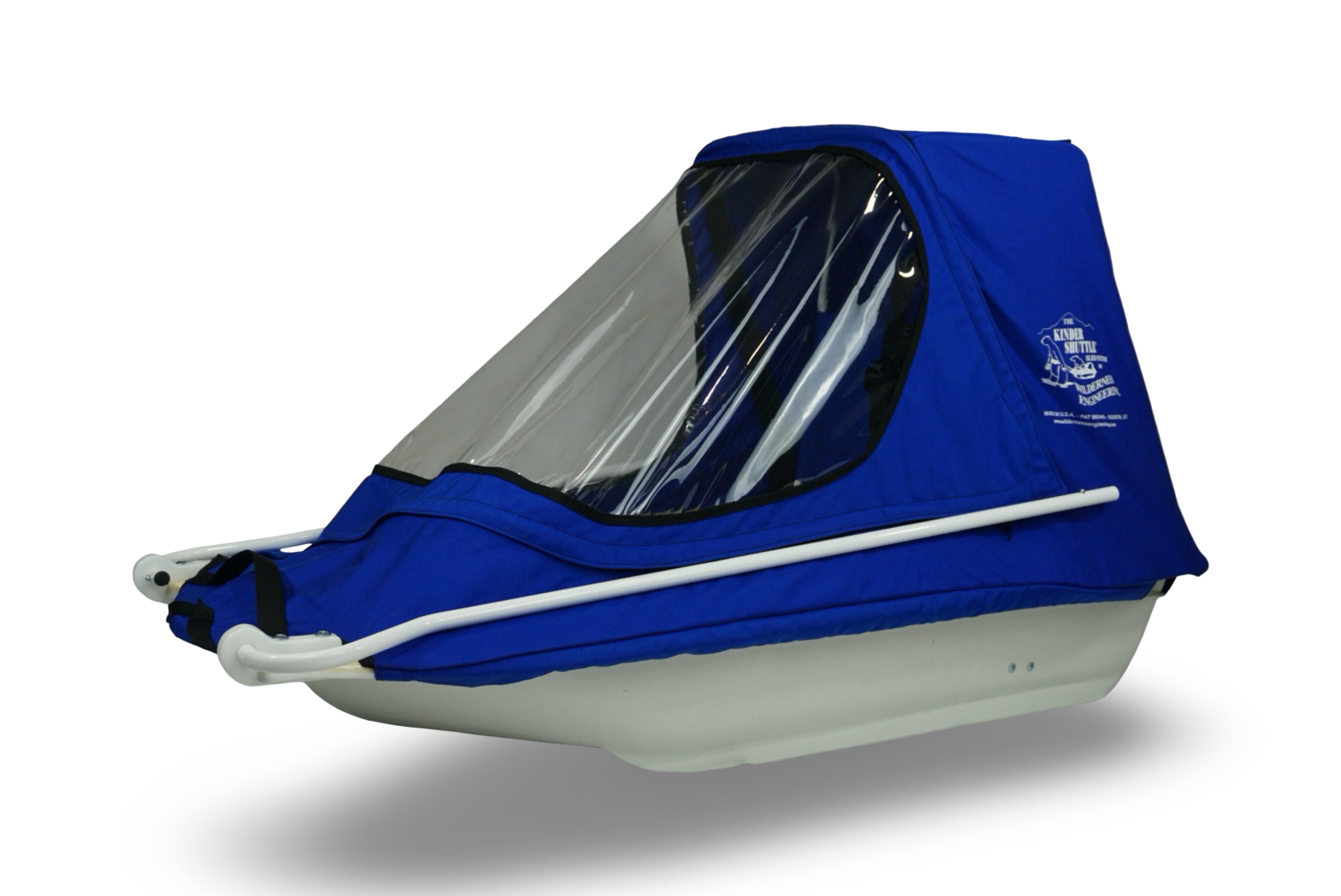 KinderShuttle kids pulk sled system with poles and weather canopy in blue