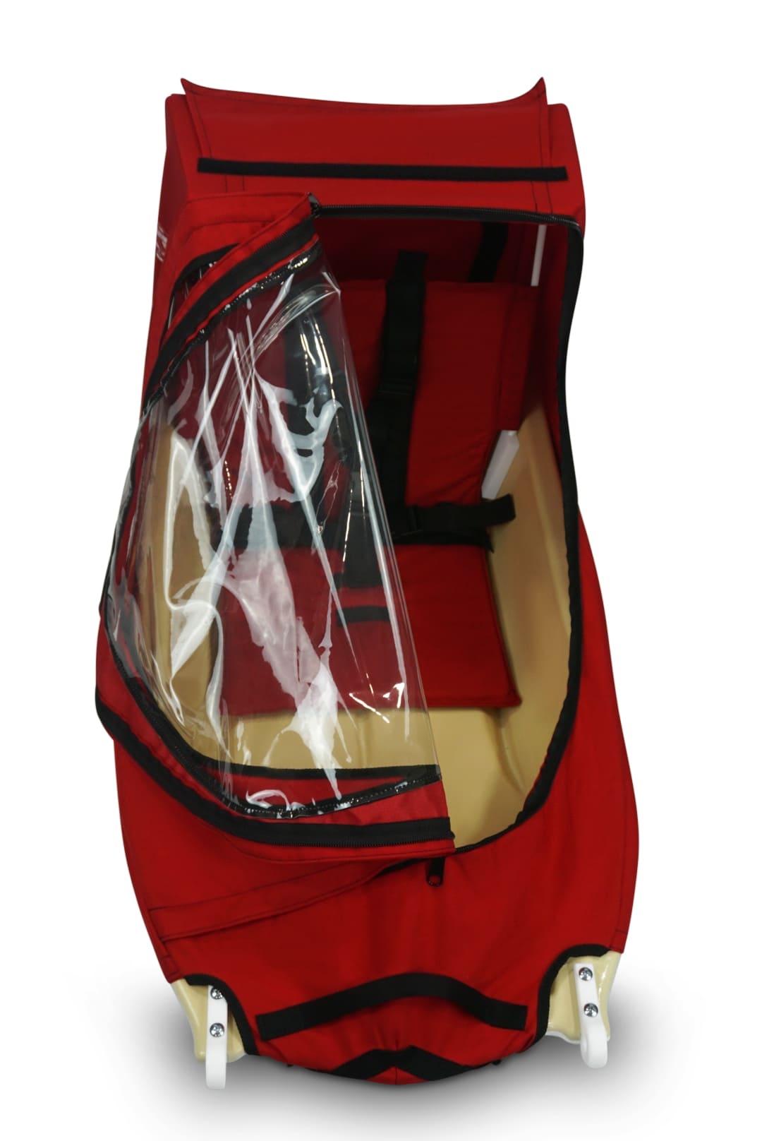 A red KinderShuttle Pulk open canopy with a clear plastic window, shown on a white sled against a plain white background.