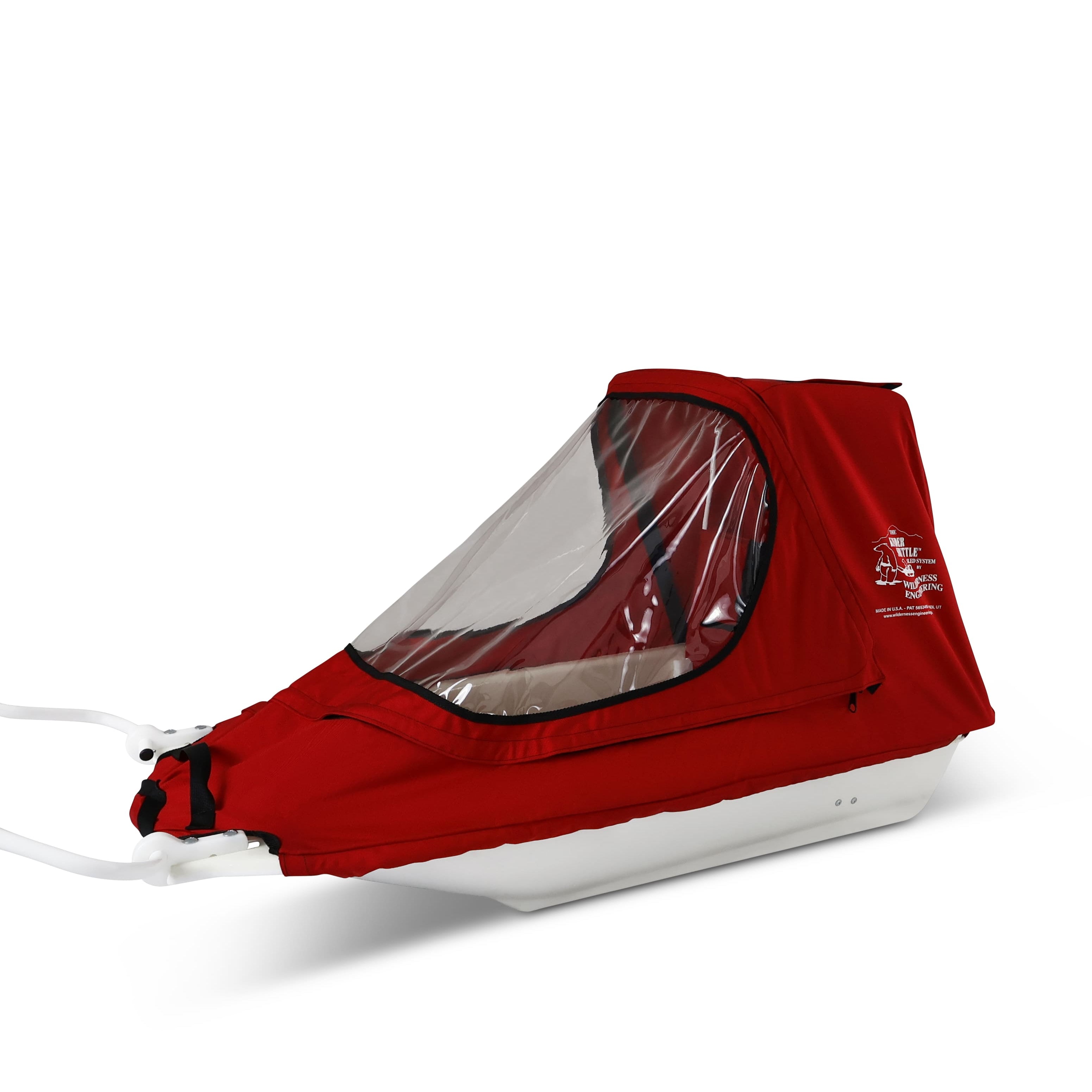 A red KinderShuttle Pulk canopy with a clear plastic window, shown on a white sled against a plain white background.