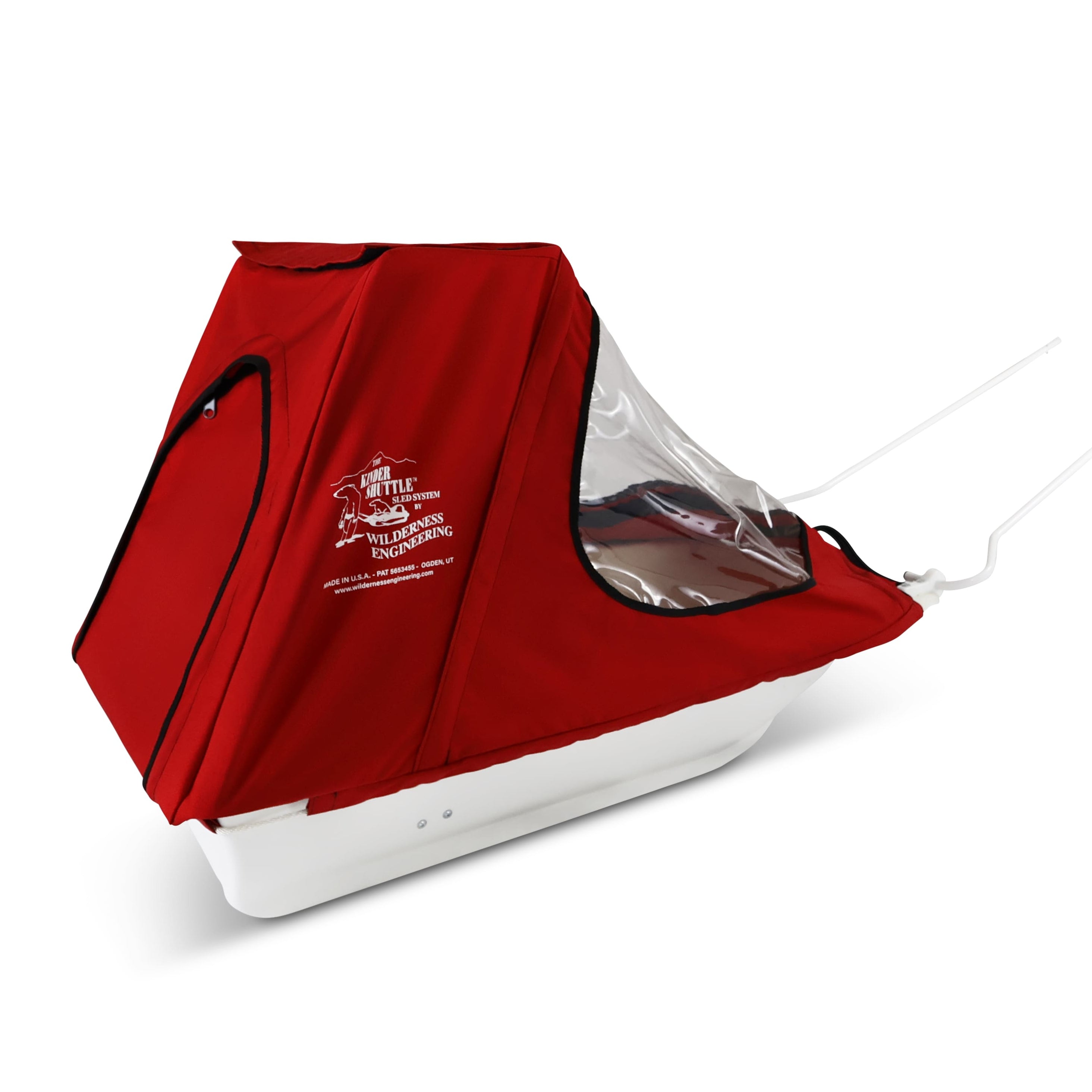 A red KinderShuttle Pulk canopy with a clear plastic window, shown on a white sled against a plain white background.